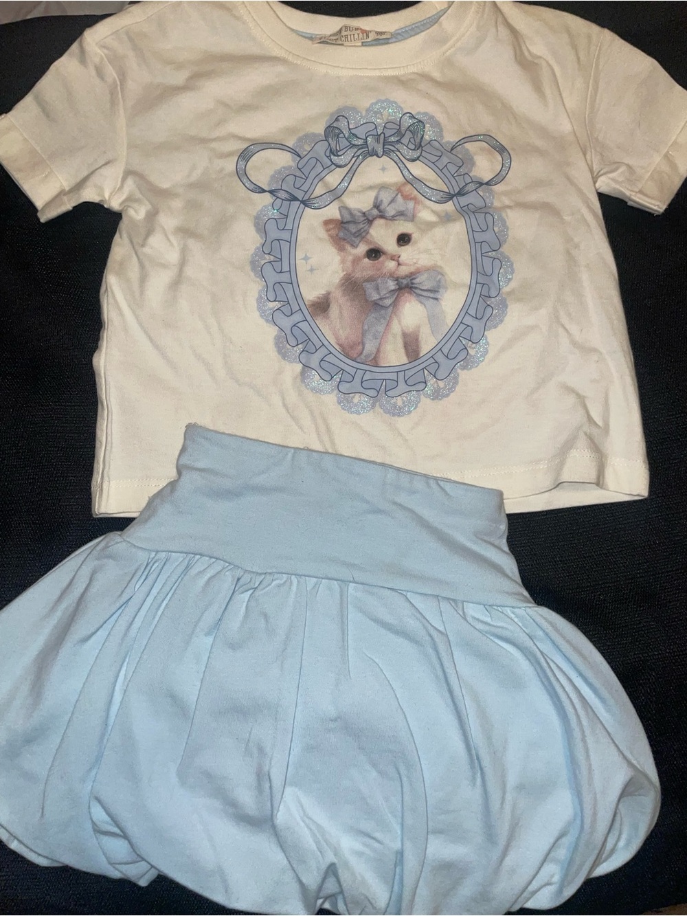 Girls White Graphic Tee and Light Blue Bubble Skirt Matching Set